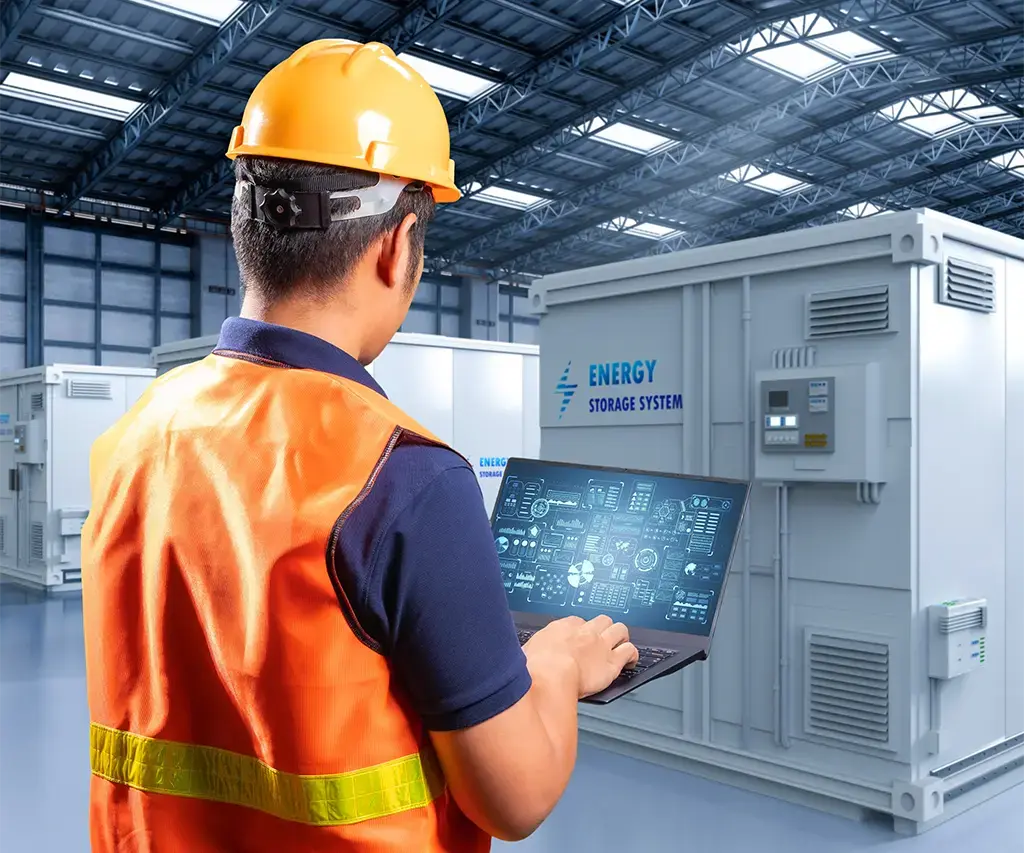 warehouse worker in orange vest and hard hat holds laptop to monitor energy systems