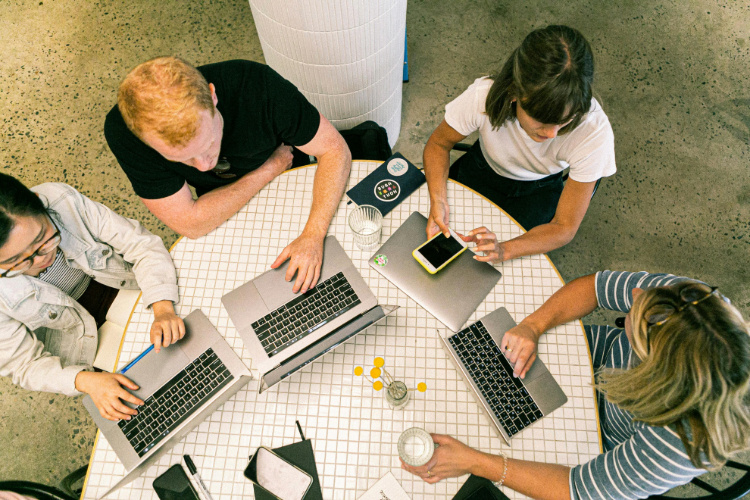 A group of colleagues working on laptops