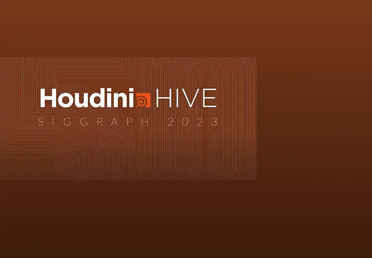 Houdini Hive Siggraph 2023 text over pattern of the number 50 on dark orange background