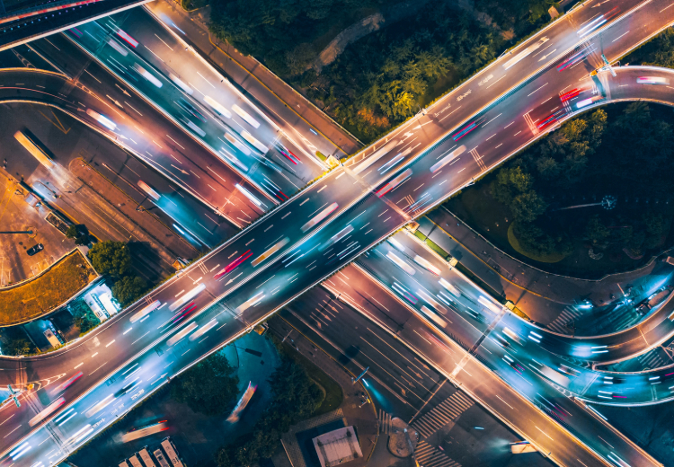 Aerial view of a busy freeway intersection