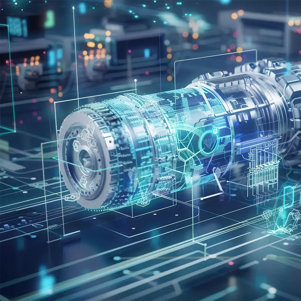 Futuristic digital rendering of an automotive engine with holographic schematics and data overlays, representing smart manufacturing.