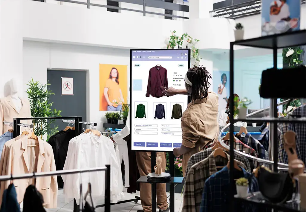 man using shopping display screen in retail store