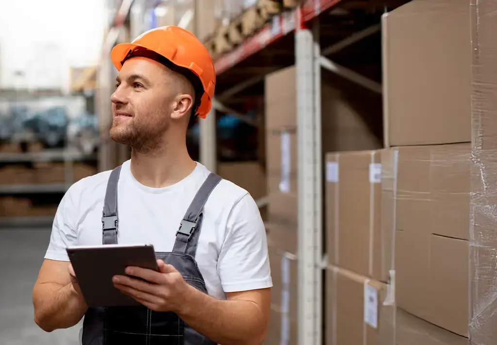 warehouse employee holding a tablet to check supplies