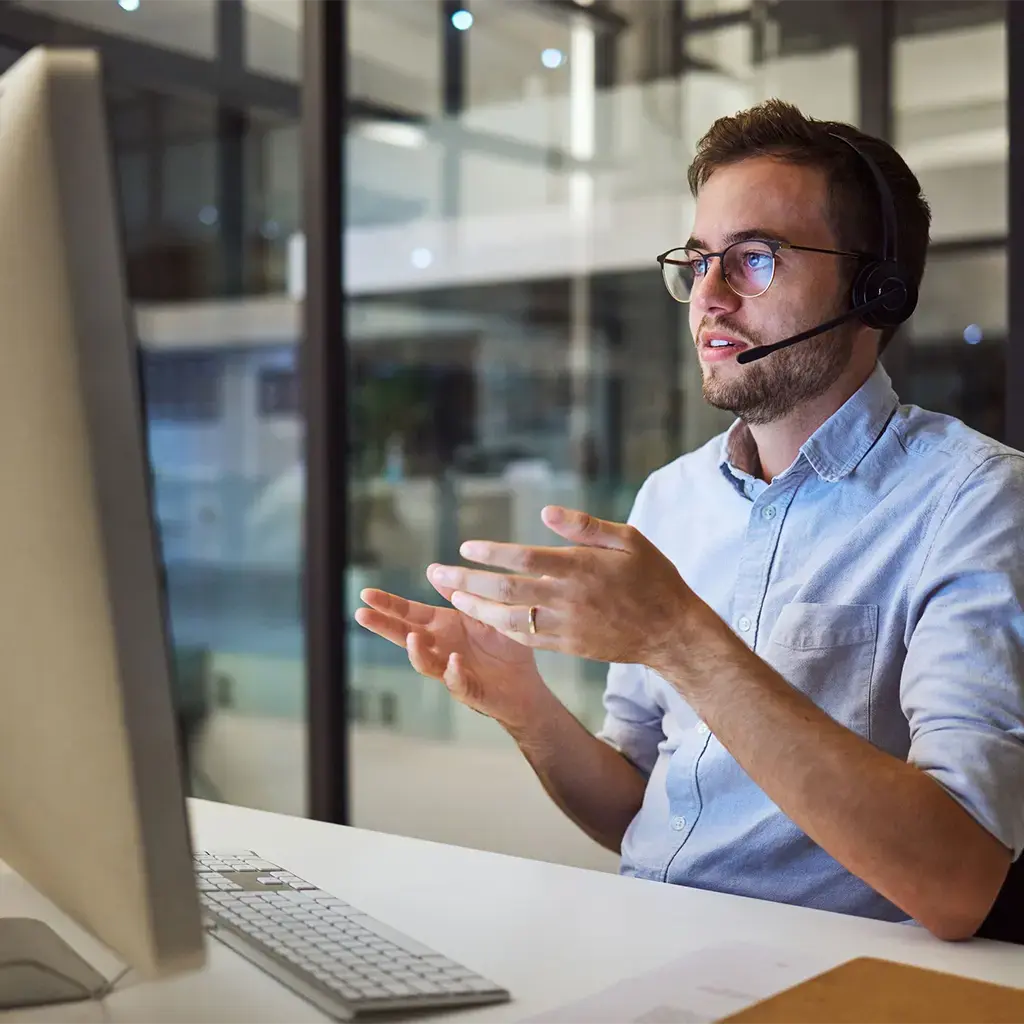 Telecommunications worker in a call