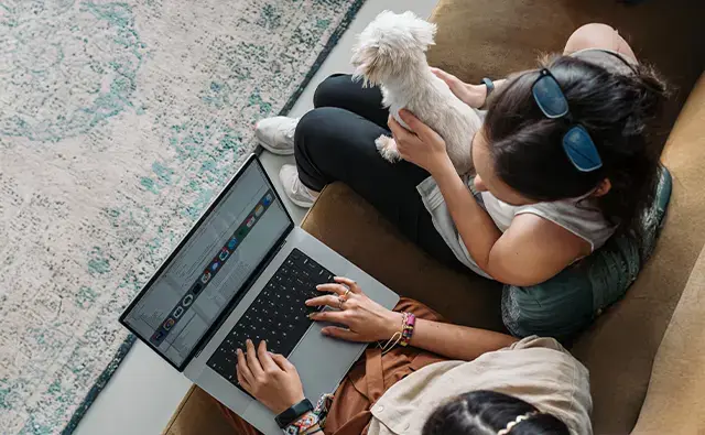 Two people collaborating on a laptop while seated on a couch, with a small dog on one person's lap