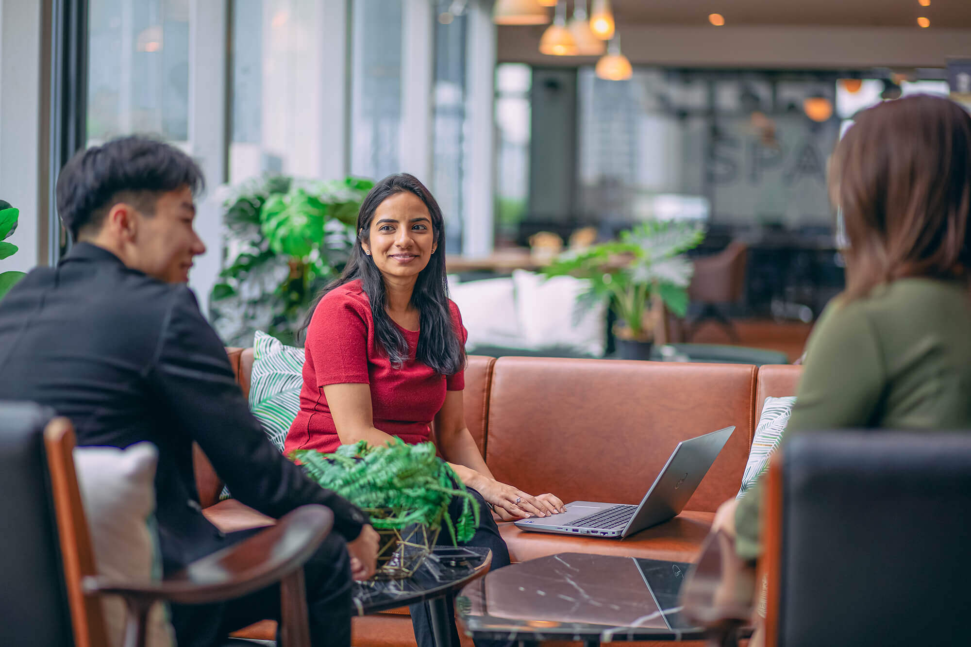 A group of colleagues collaborating in a modern office lounge, with a laptop and greenery in the background.