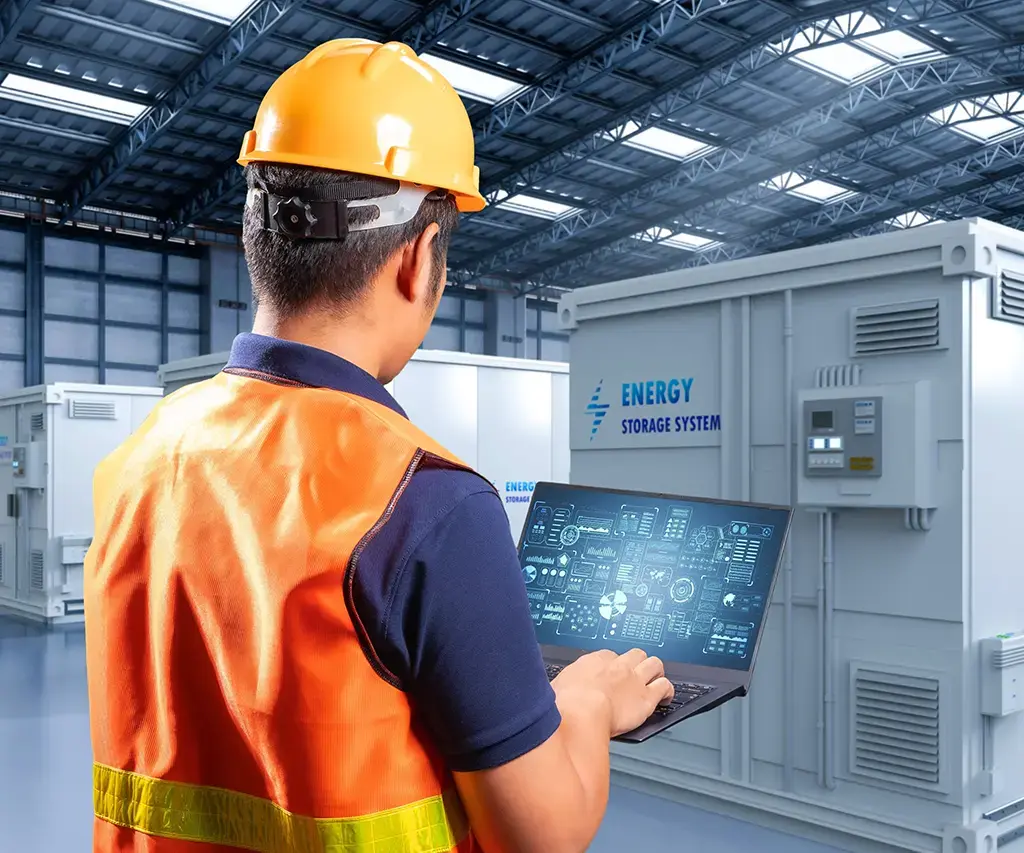 employee in orange vest holding laptop to measure energy systems at plant