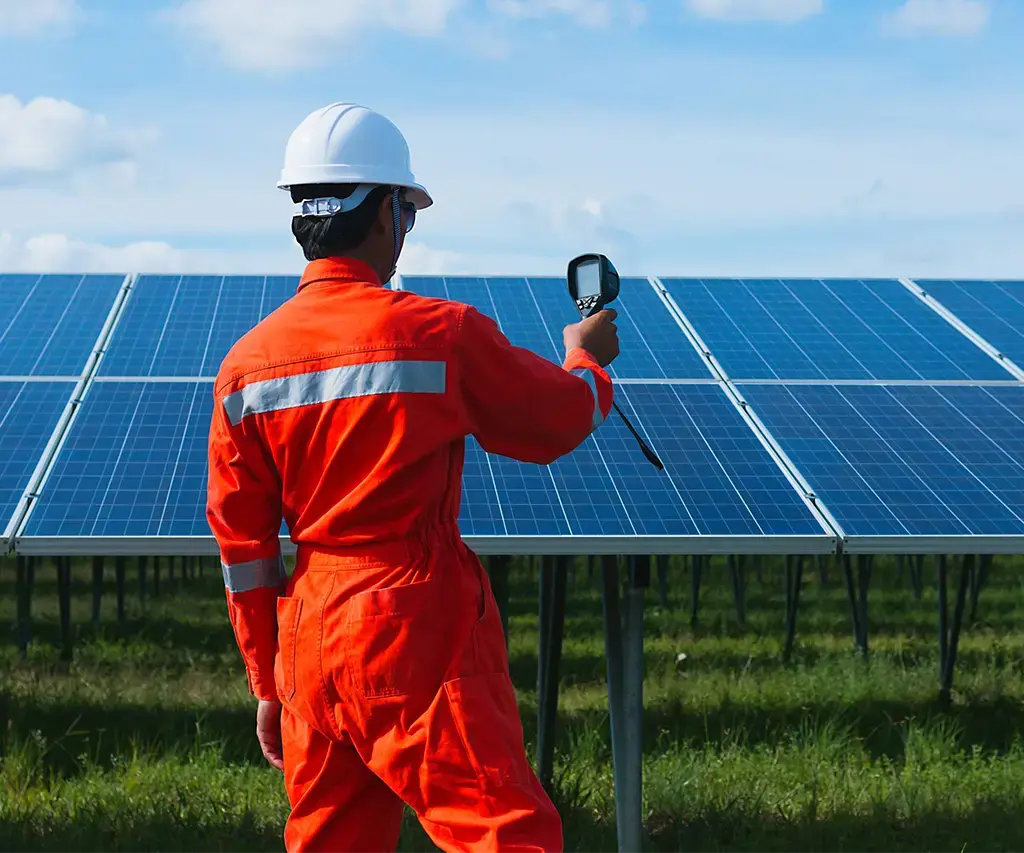 man in orange worksuit holding device by solar panels