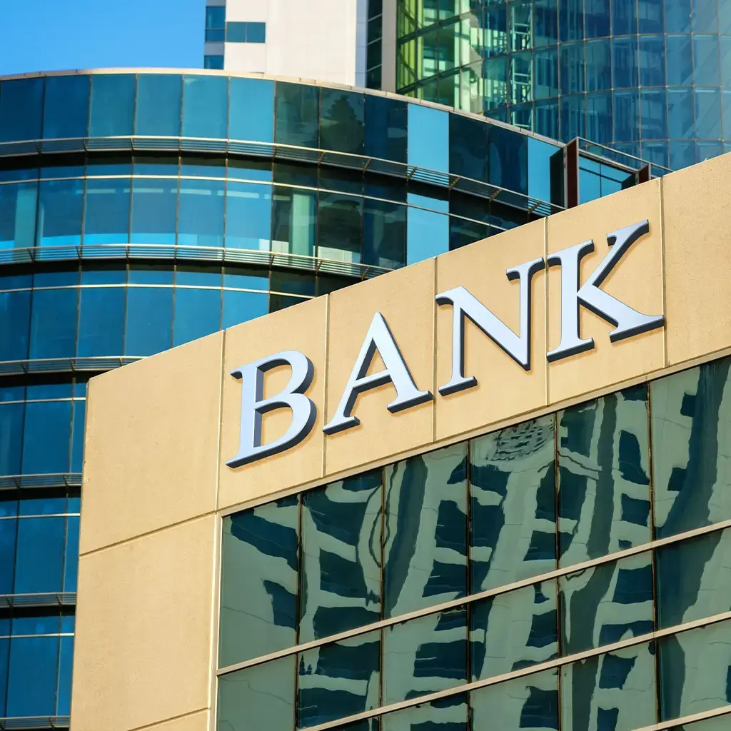 bank spelled in letter on office building