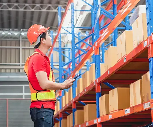 warehouse personel checks inventory with digital device