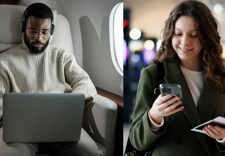 two people checking their phone and another looking at a laptop while traveling