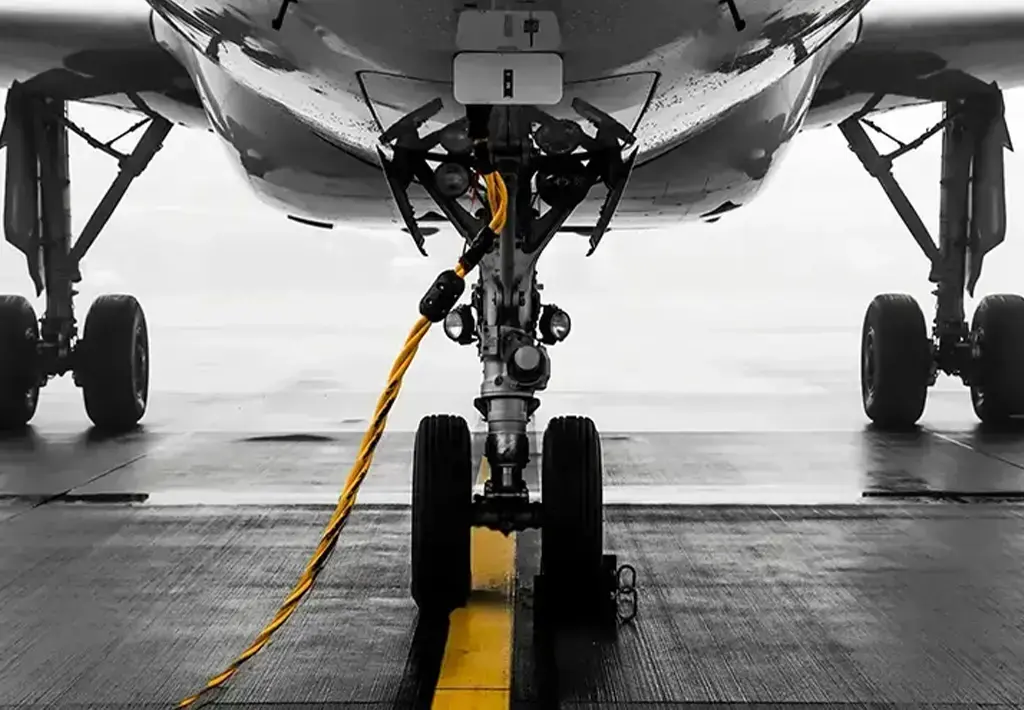 view under airplane fueling on pavement