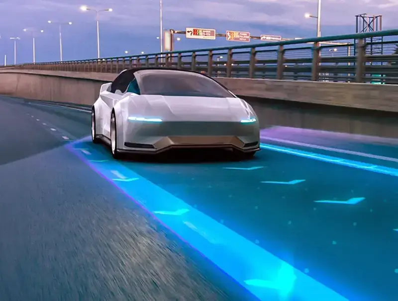 A car zooming on a highway, surrounded by vibrant lights. Experience the Recurring Revenue Revolution on Wheels.