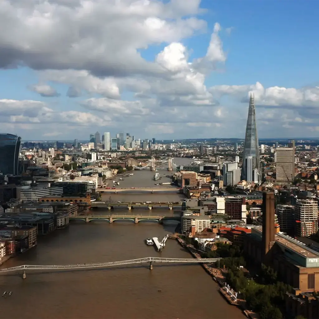 London skyline with River Thames and The Shard, symbolizing innovation and transformation.