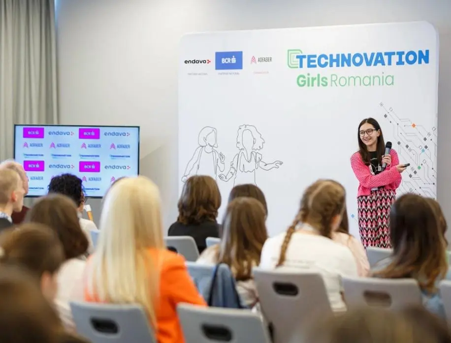 Technovation girl giving a presentation